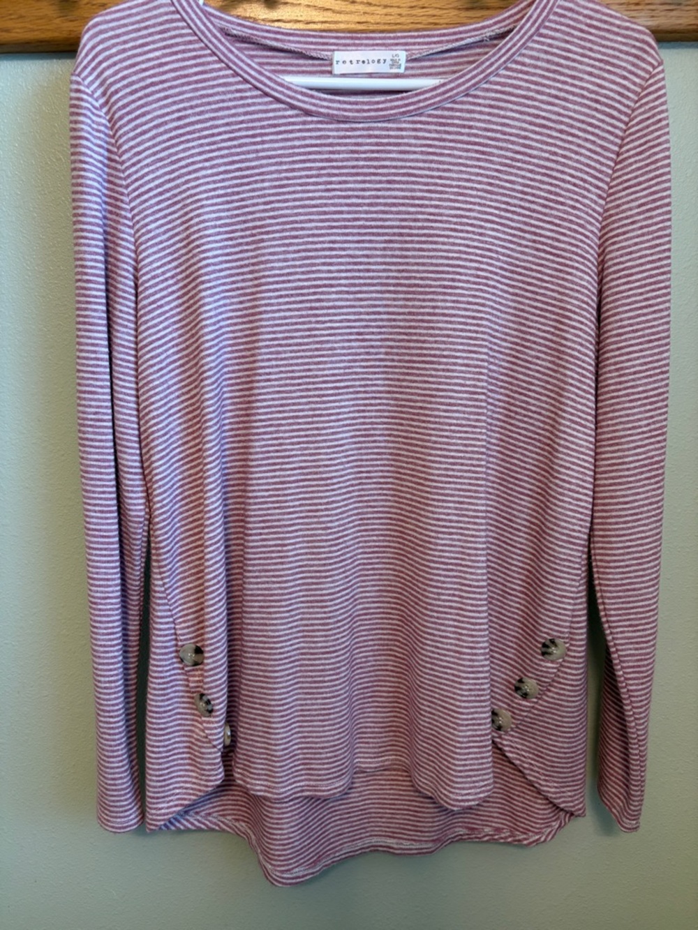 Soft Burgundy & White Striped Long Sleeve Top with Side Buttons